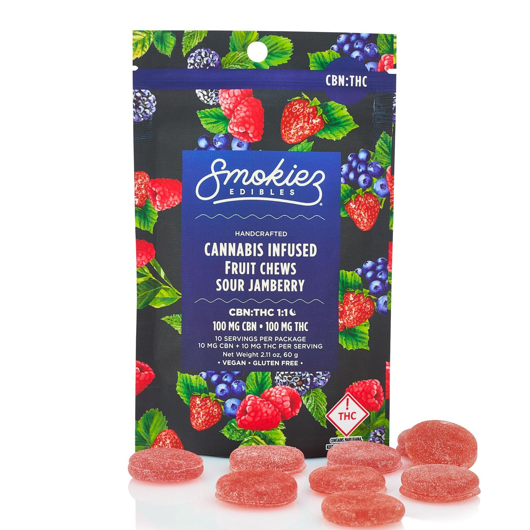 Photograph of product: Sour Jamberry (I) - (1:1 TH-oui:CBN) - 100mg Gummies - Smokiez