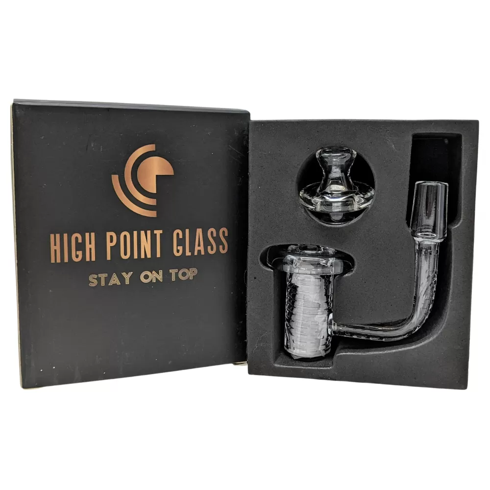 Photograph of product: Banger | Quartz Spinner Deep Carving Pattern W/ 1 Glass Terp Pearl 1 Glass Carb Cap 1 Glass Cone - 14mm Male Joint | High Point Glass
