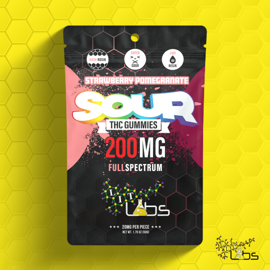 Photograph of product: Lit Labs - Rosin/Resin Full Spectrum Gummies - Sour Strawberry Pomegranate - 200MG
