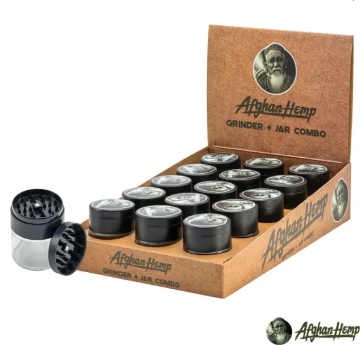 Photograph of product: Afghan hemp glass jar and grinder