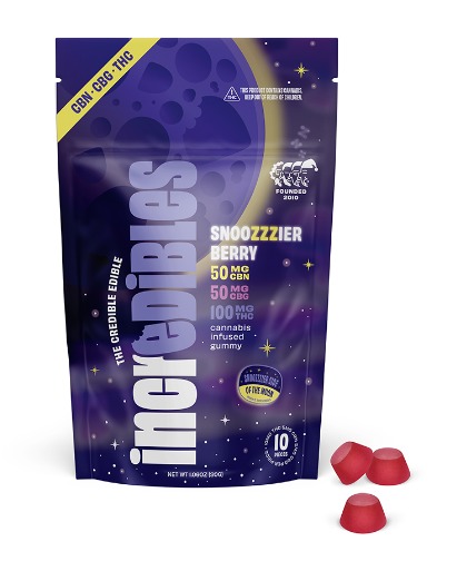 Photograph of product: Incredibles: Snoozzzeberry 5:1 | 100mg TH-oui | 20mg CBN | 10pk