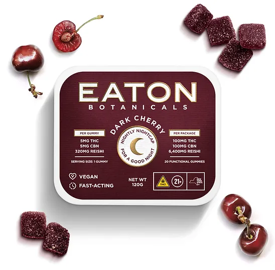 Photograph of product: Eaton Botanicals Nightly Nightcap Dark Cherry 1:1 Gummies (5mg TH-oui: 5mg CBN)