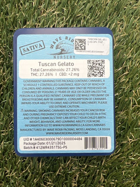 Photograph of product: TUSCAN GELATO 0.5G 5PK PRE ROLL - 