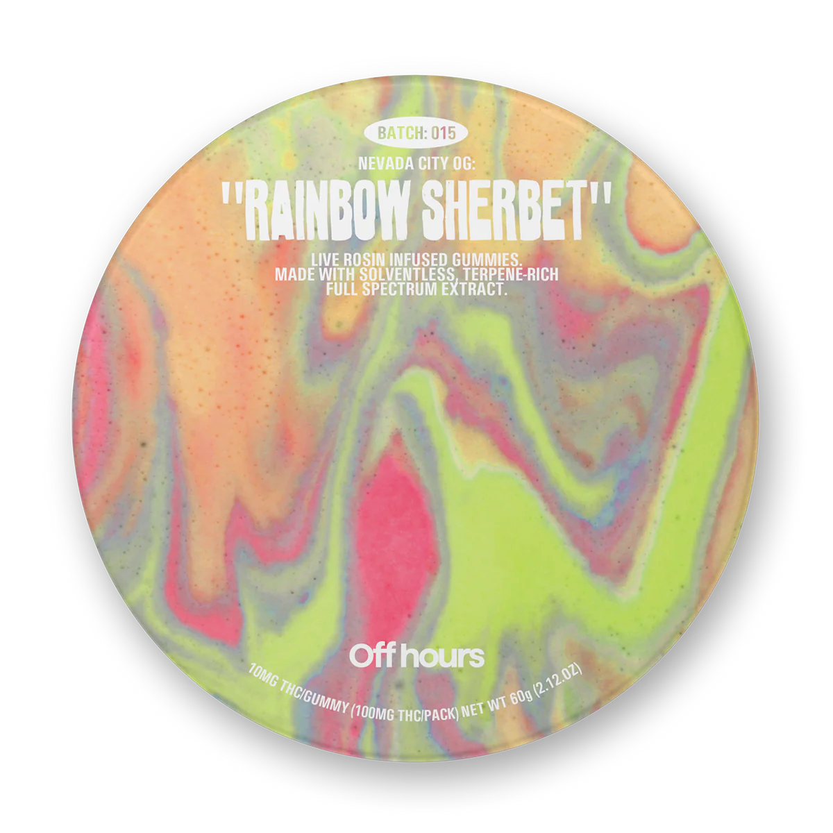 Photograph of product: OFF HOURS | LIVE ROSIN GUMMIES | BATCH 015: NV CITY OG X RAINBOW SHERBERT | 10PK 100MG