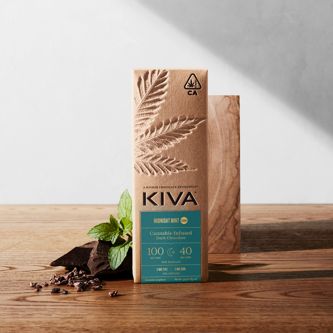 Photograph of product: KIVA | Dark Chocolate Midnight Mint CBN | 5:2 TH-oui:CBN