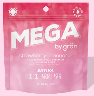 Photograph of product: Ratio Edible - Grn - Strawberry Lemonade Mega (S) - 1:1 CBC:TH-oui 100mg 1pk