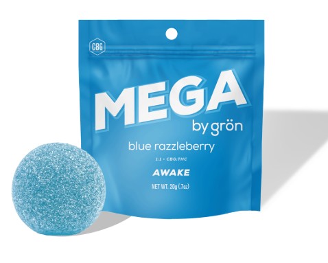 Photograph of product: Gron | Mega | Blue Razzleberry | Full-Spectrum Gummy | 1:1 TH-oui:CBG | 100mg
