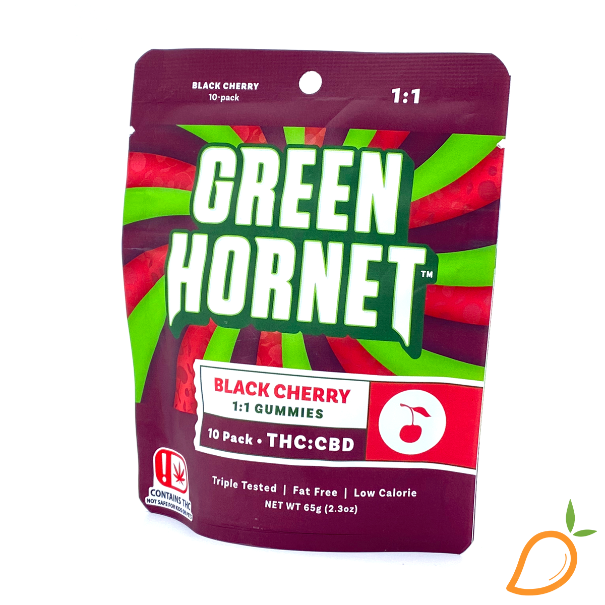Photograph of product: 100mg 1:1 TH-oui/CBD Black Cherry Gummies Green Hornet