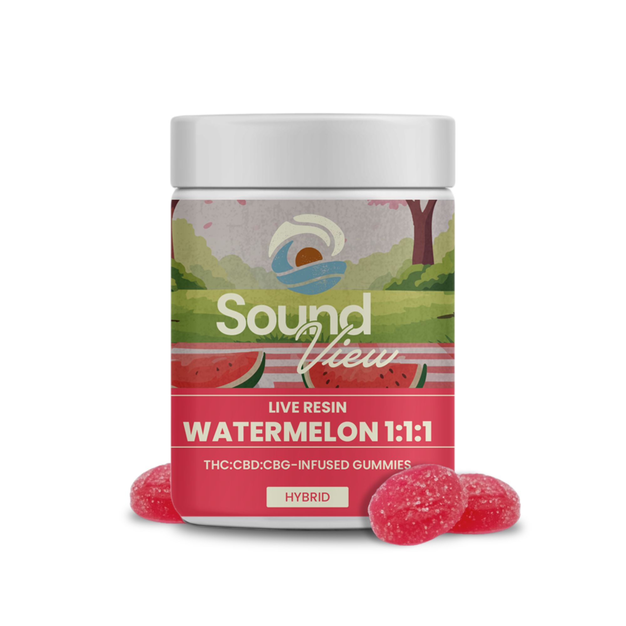 Photograph of product: SoundView Live Resin Watermelon 1:1:1 Gummies T100mg C97.6mg C99.8mg H 00110