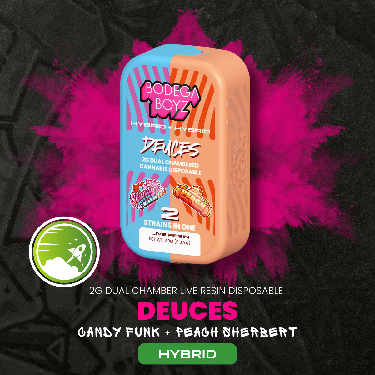Photograph of product: Bodega Boys Dual Chamber Live Risen Disposable Cartridge Candy Funk & Peach Sherbet (H) 2000mg