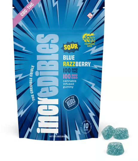 Photograph of product: Incredibles 1:1 Sour Blue Razzberry Gummies 100mg (TH-oui:CBG)