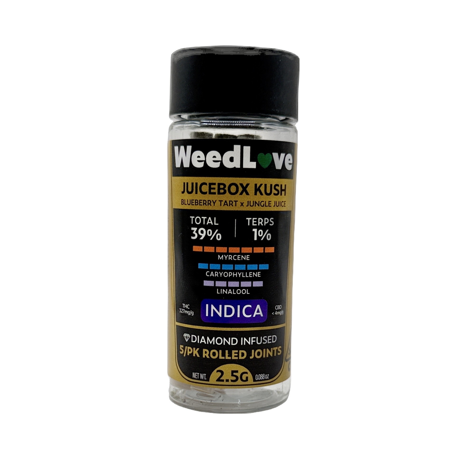 Photograph of product: JUICEBOX KUSH INFUSED PREROLLS 5 PACK 2.5G