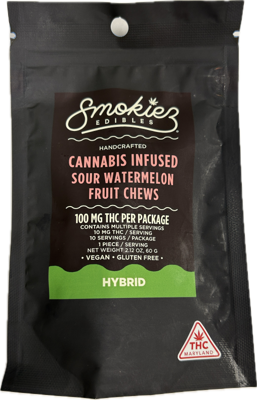 Photograph of product: Smokiez 10mg Sour Watermelon Fruit Chews - 100mg
