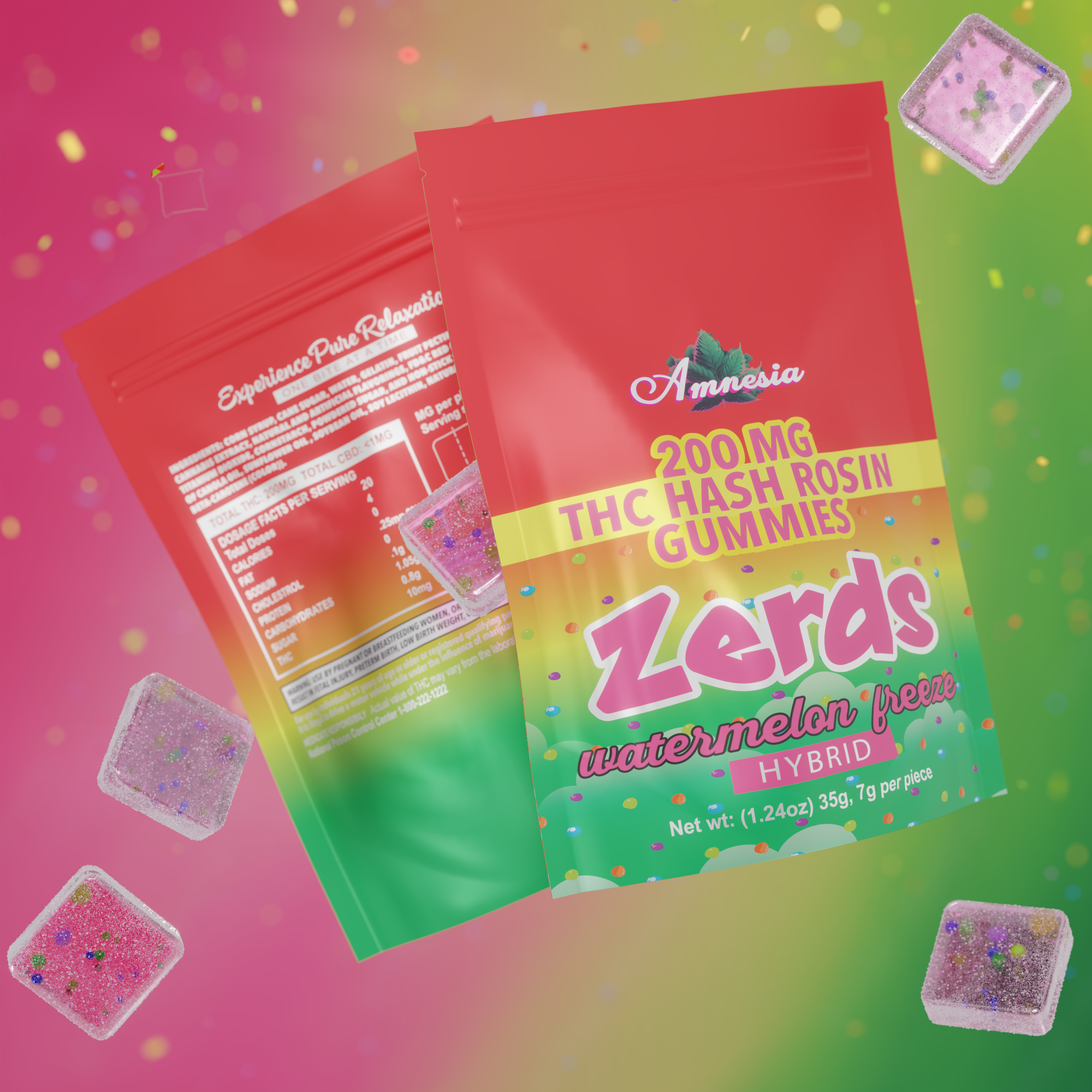 Photograph of product: Amnesia 200mg 1pk au chocolat Rosin Zerds Gummies Watermelon Freeze