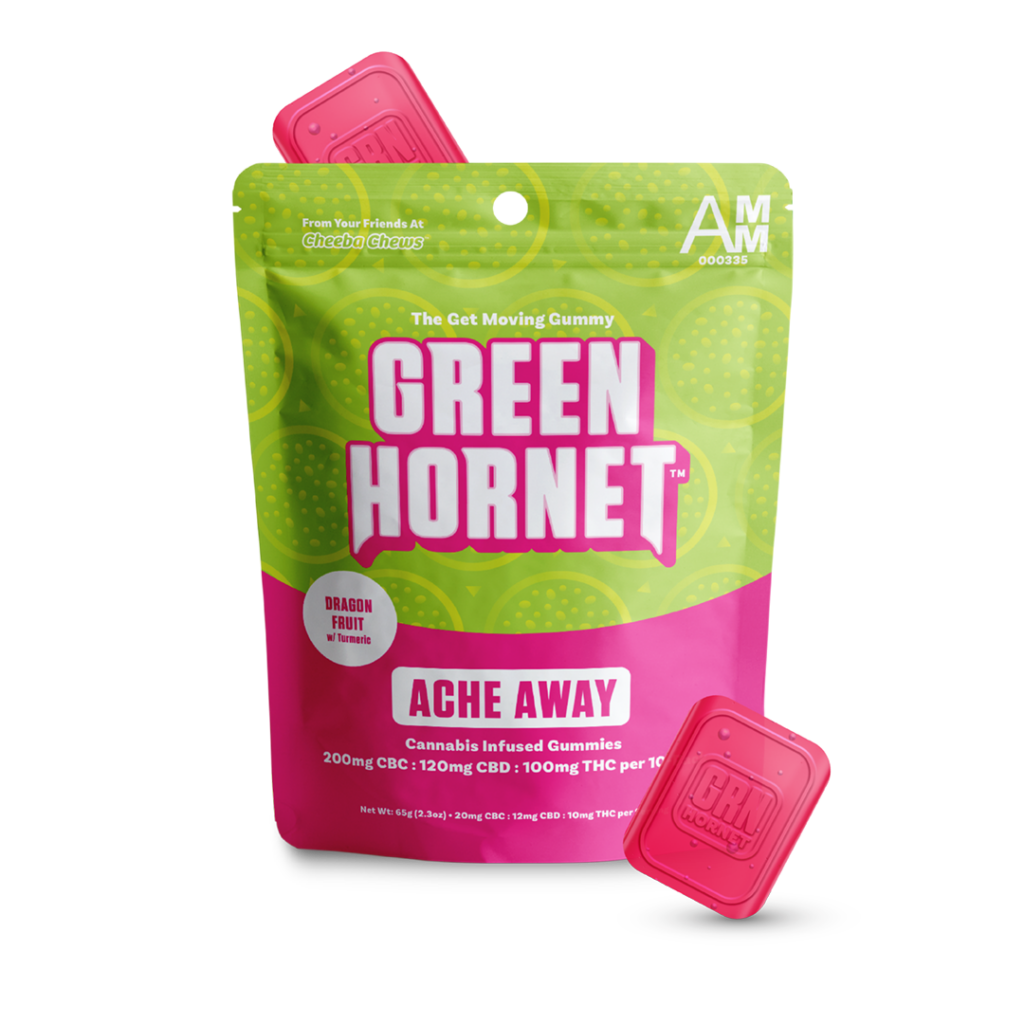 Photograph of product: Green Hornet: Ratio Gummies | Dragonfruit Ache Away 1:1:2:2 | 100mg TH-oui : 120mg CBD : 200mg CBC | 10pk