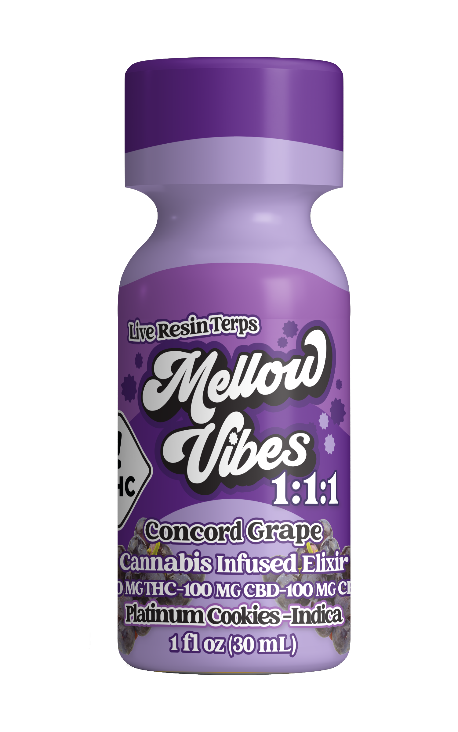 Photograph of product: Mellow Vibes 1:1:1 Concord Grape Mojo Elixir (100mg Thc / 100mg Cbd / 100mg Cbn)