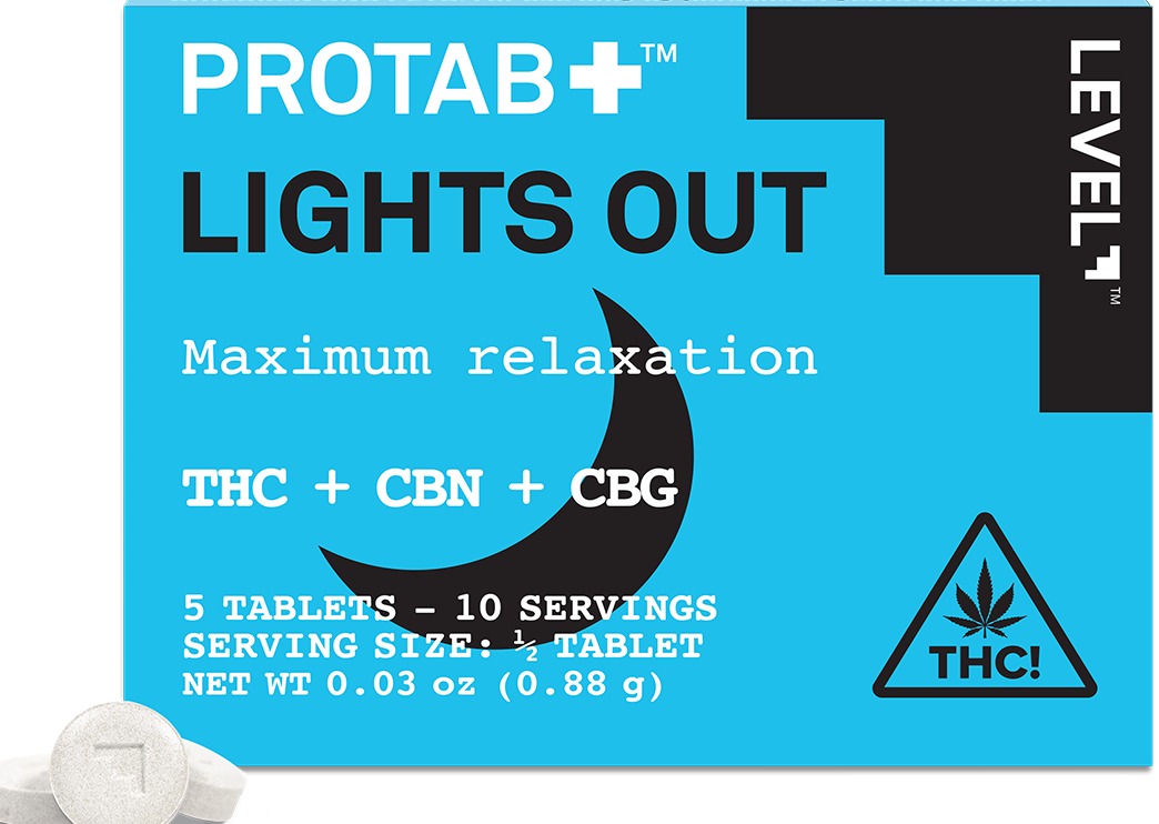 Photograph of product: Level | PROTAB+ | Lights Out | TH-oui / CBN / CBG | 5 Tablets