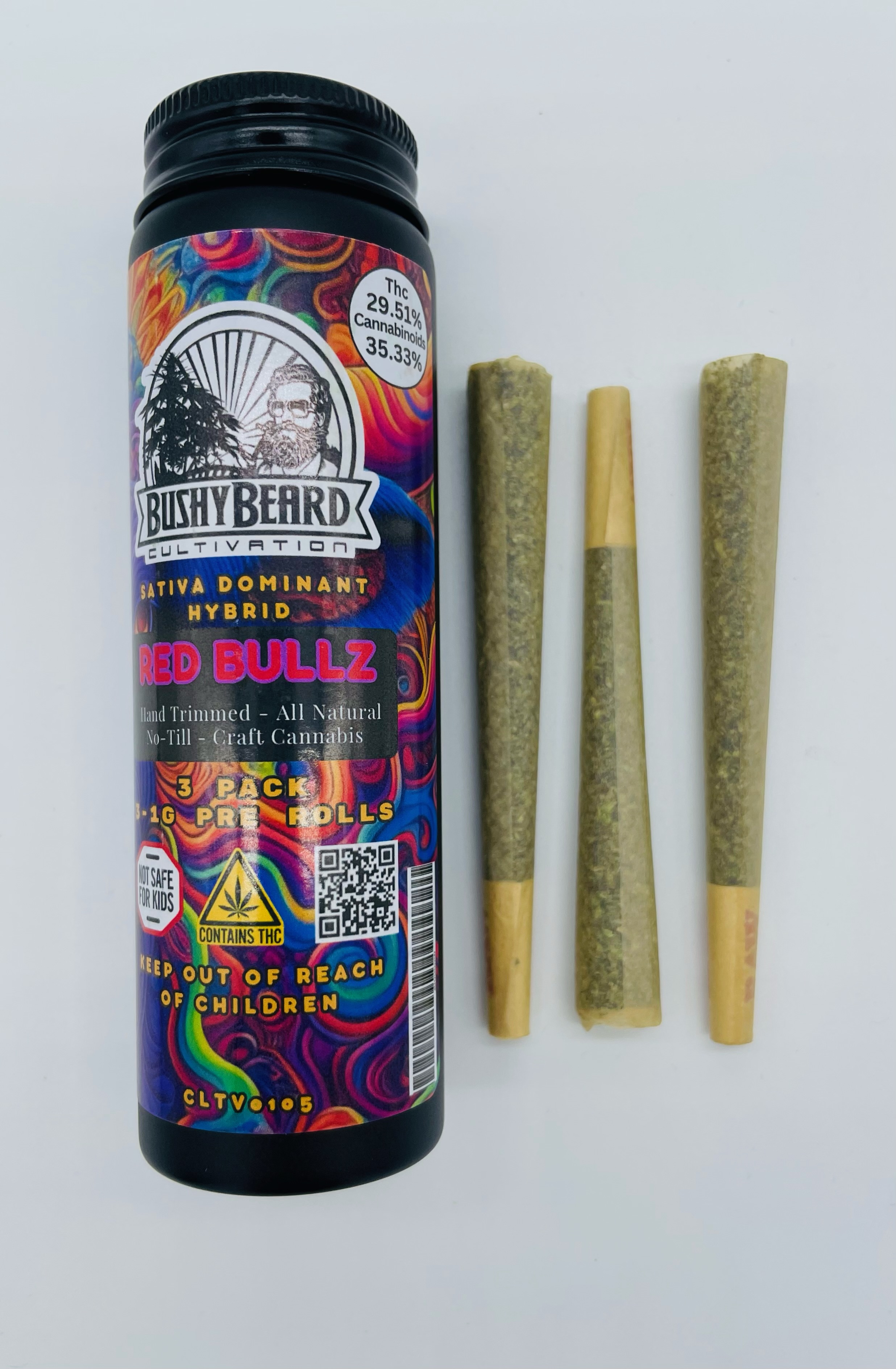 Photograph of product: Bushy Beard | Red Bullz 3pk | Pre-Roll | 3g | 29.5% TH-oui
