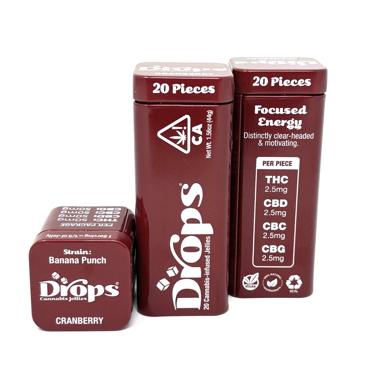 Photograph of product: DROPS: CRANBERRY 1:1:1:1 (TH-oui:CBD:CBC:CBG) LIVE ROSIN 20PK GUMMIES 50MG