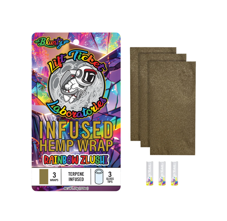 Photograph of product: Lift Ticket - Rainbow Zlushi Infused Bluntz Hemp Wraps + Glass Tips - 3pk