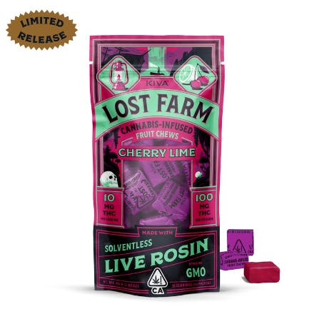Photograph of product: Cherry Lime GMO Rosin Lost Farm Chews - (IH) 100mg - Lost Farm - Retail