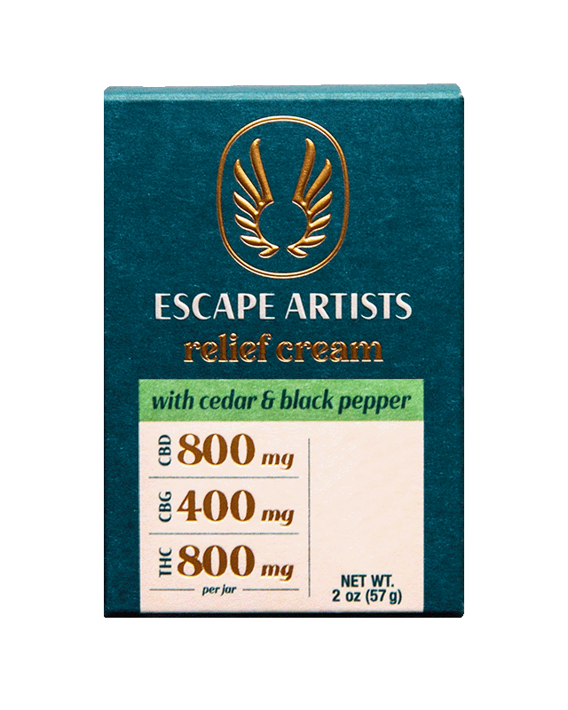 Photograph of product: Escape Artists | Cedar & Black Pepper Relief Cream | 2:1:2 TH-oui:CBG:CBD | 800mg