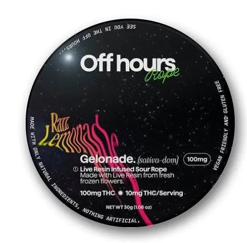 Photograph of product: OFF HOURS | LIVE RESIN GUMMY ROPE | GELONADE - SOUR RASP LEMONADE | 100MG
