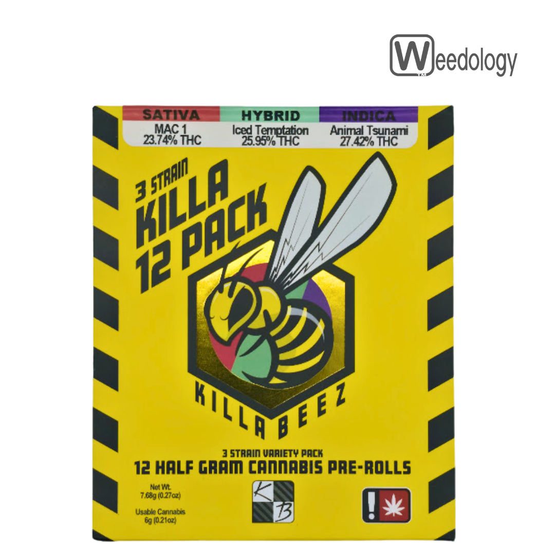 Photograph of product: Killa Beez 12pk MAC 1(S)/ICED TEMPTATION(H)/ANIMAL TSUNAMI(I) 0.5g Pre-Rolls