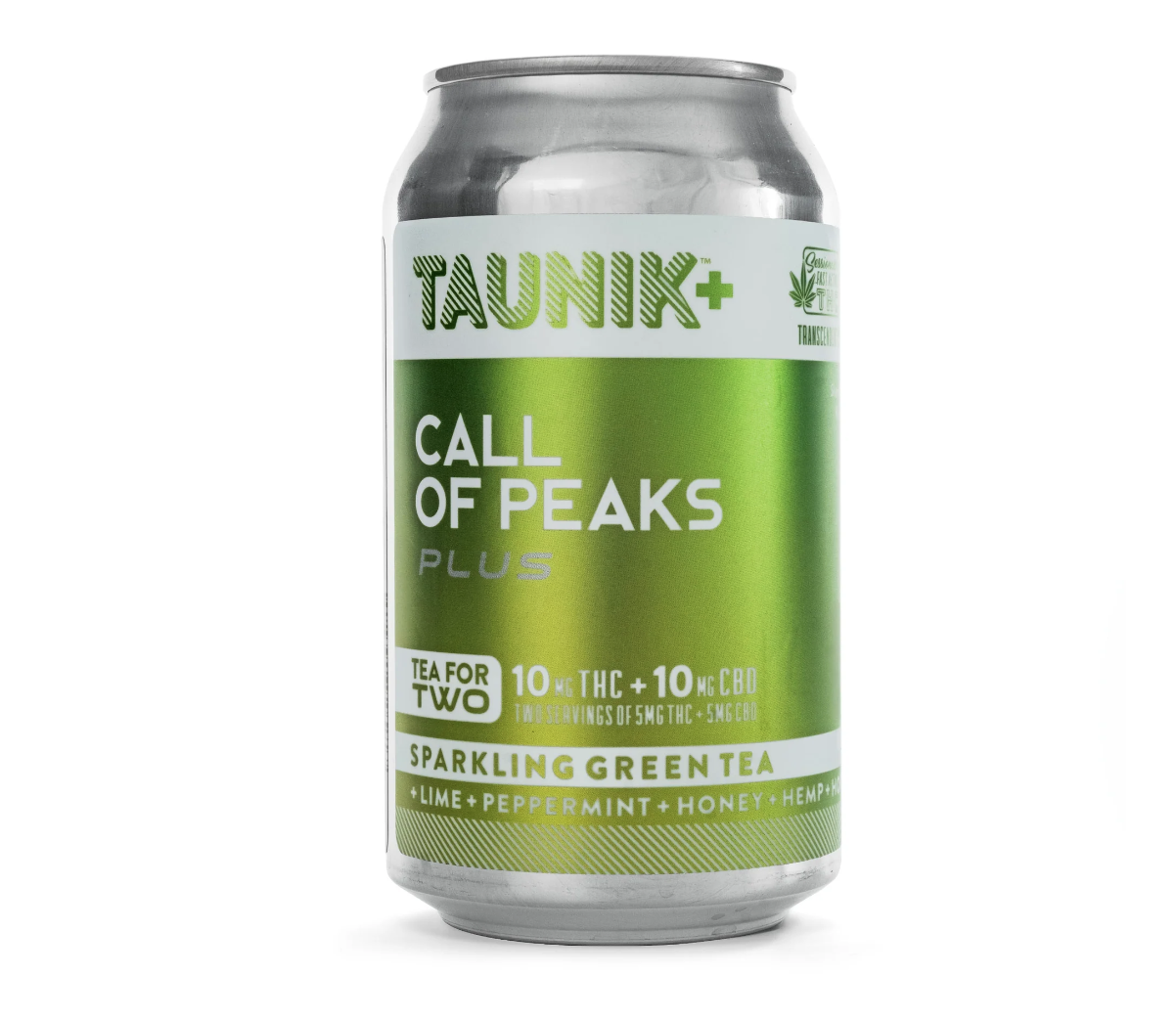 Photograph of product: Drink Taunik | Sparkling Green Tea | Call of Peaks Plus | 10mg TH-oui + 10mg CBD