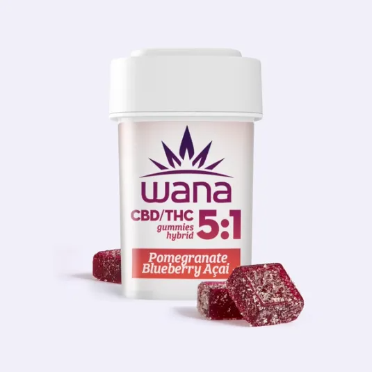 Photograph of product: WANA Gummies 100mg: Pomegranate Blueberry Acai 1:5 TH-oui:CBD 20pc