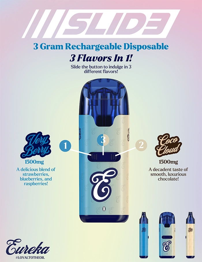 Photograph of product: EUREKA / VAPE / DISPOSABLE / 3000MG / SLID3 / 3 in 1 / VERY BERRY + COCO CLOUD