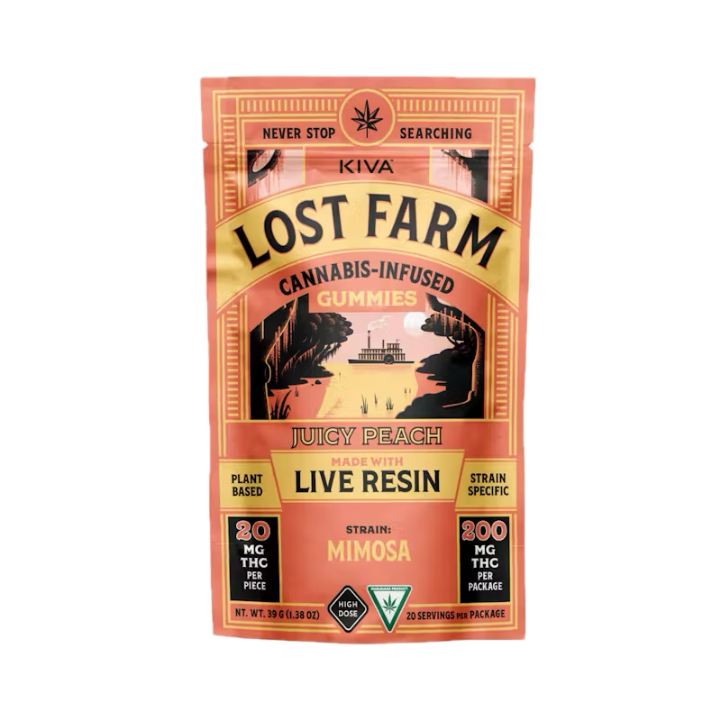 Photograph of product: Juicy Peach x Mimosa 200mg Gummies by Kiva Lost Farms