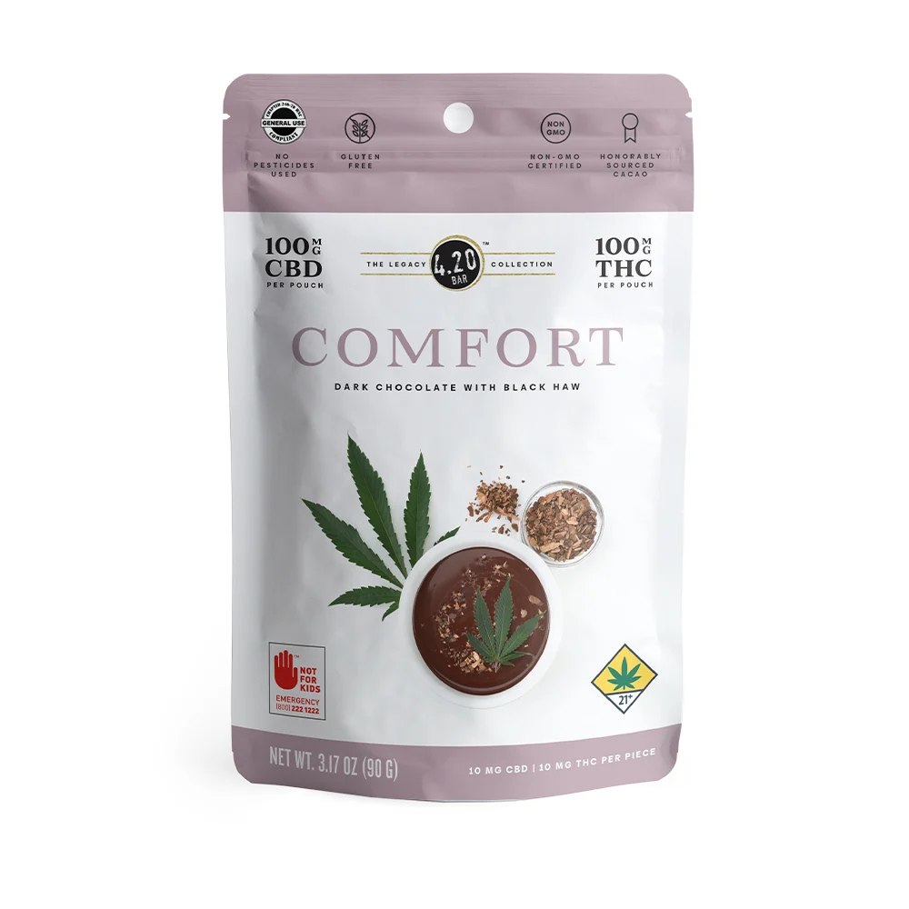 Photograph of product: 420 Mini Legacy | Comfort Dark Chocolate with Black Haw | DOH | 10pk | 100mg TH-oui : 100mg CBD : 100mg CBC