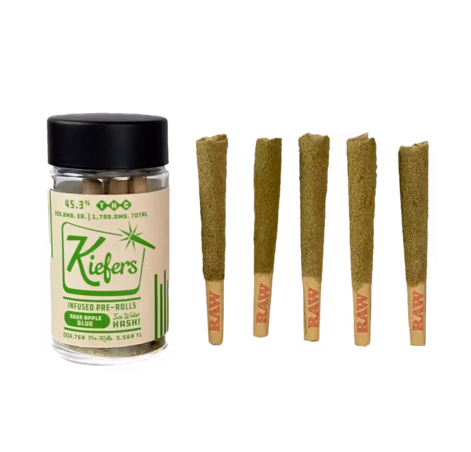 Photograph of product: Kiefers | Infused Preroll | Sour Apple Glue | 0.7g 5pk