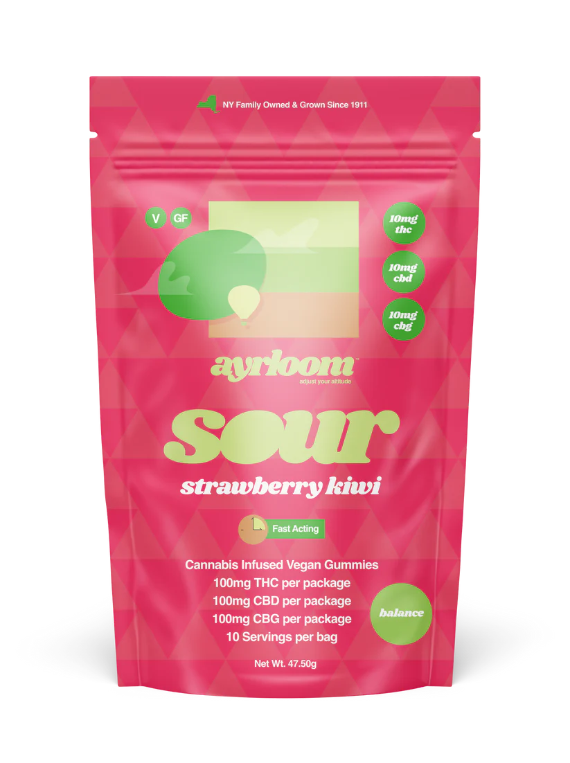 Photograph of product: Ayrloom | Strawberry Sour Kiwi | 10:10:10 Hybrid Gummies | Edibles