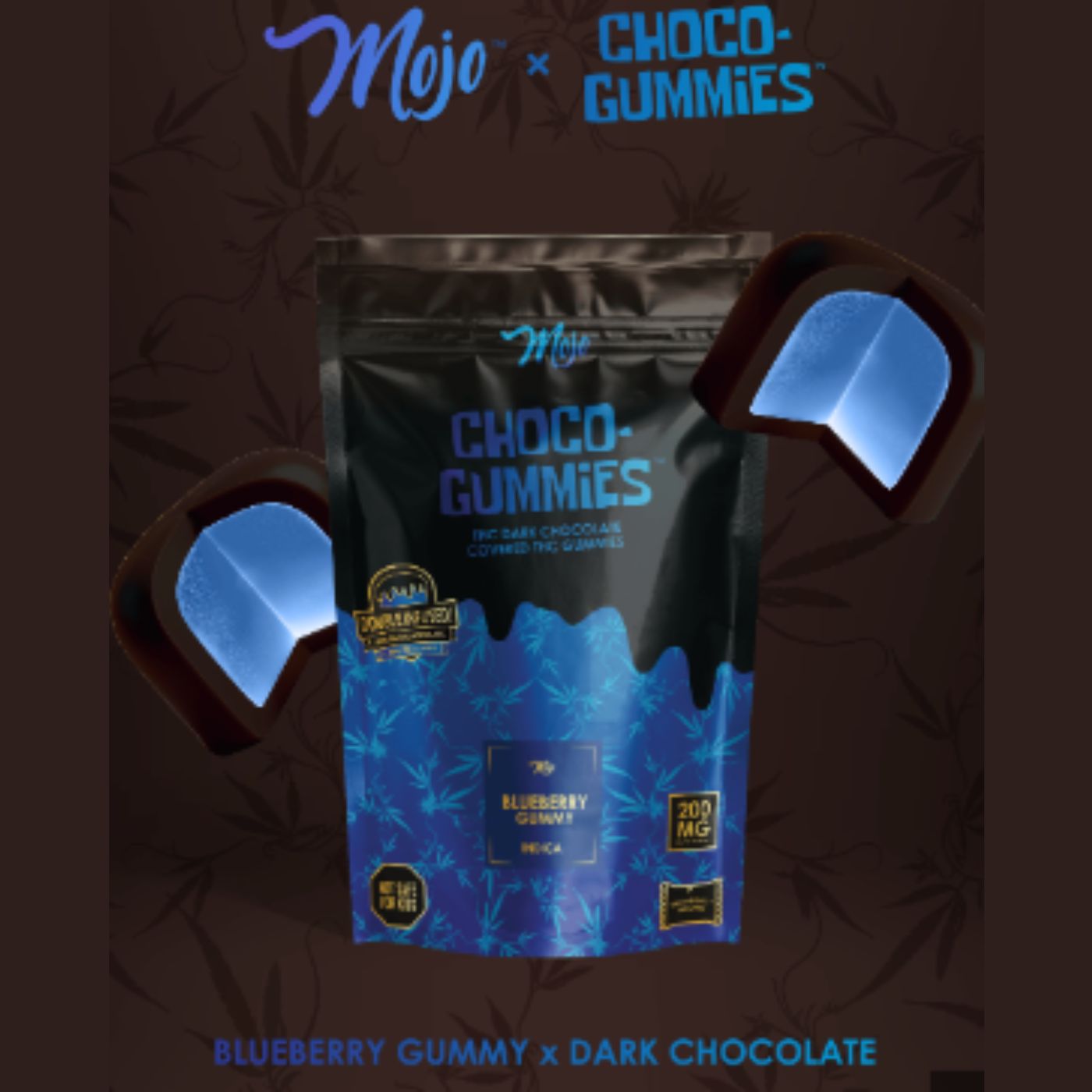 Photograph of product: Mojo Choco Gummies -  Dark Chocolate Blueberry 200mg