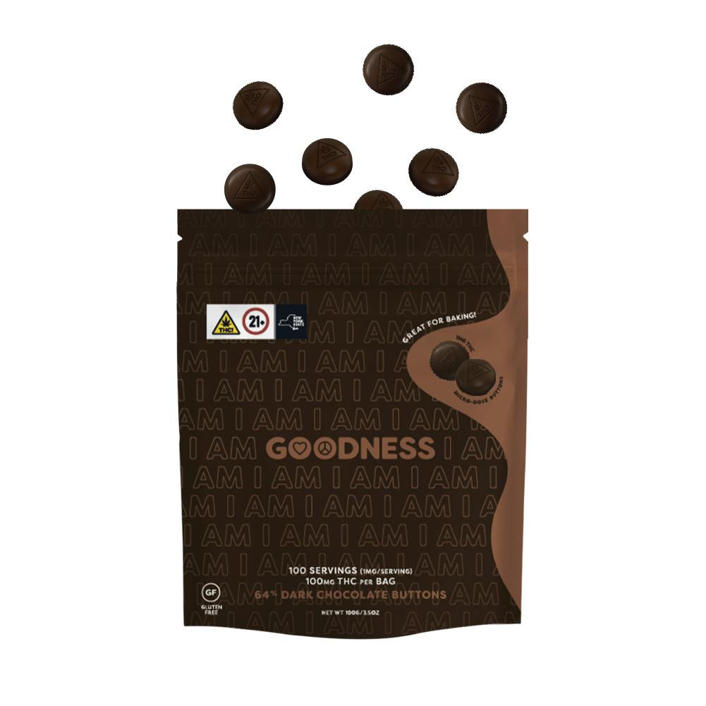 Photograph of product: Goodness- Dark Chocolate Buttons- 100mg (1mg/serving)