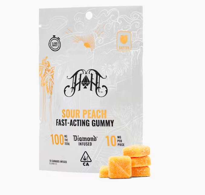 Photograph of product: Heavy Hitters Sour Peach Oui'd Fast Acting Gummies 100mg
