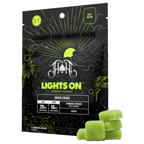 Photograph of product: Heavy Hitters | Gummies | Green Crack |  Lights On | Energy | 2:1 | TH-oui:TH-ouiV | 20mg | 5 Pack | 100mg | Oui'd