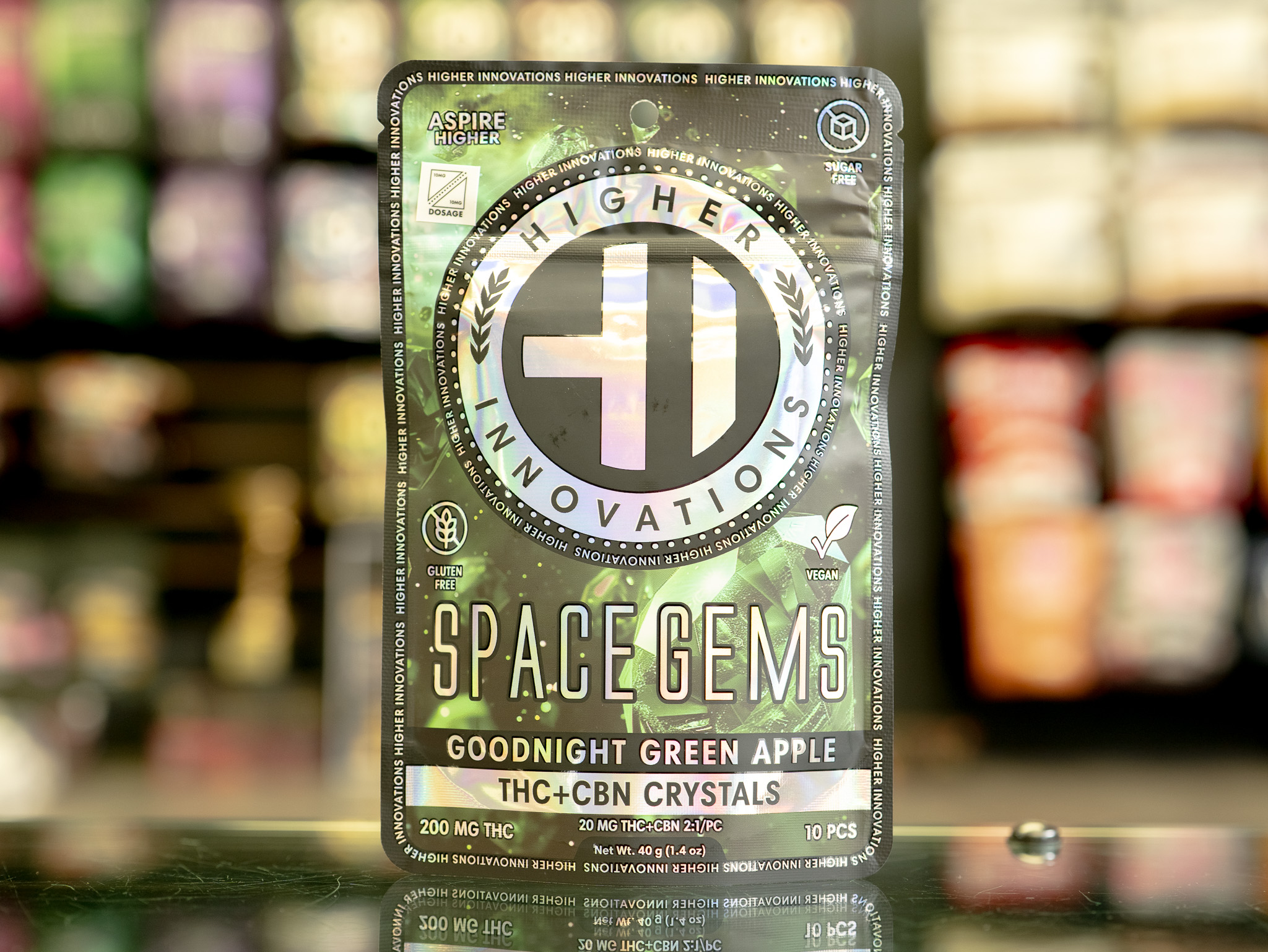 Photograph of product: Higher Innovations | Goodnight Green Apple Space Gems | 2:1/PC TH-oui:CBN 10pc Hard Candy