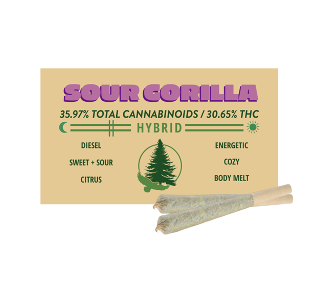 Photograph of product: 2Js | Sour Gorilla | Pre-Rolls 2x0.7G