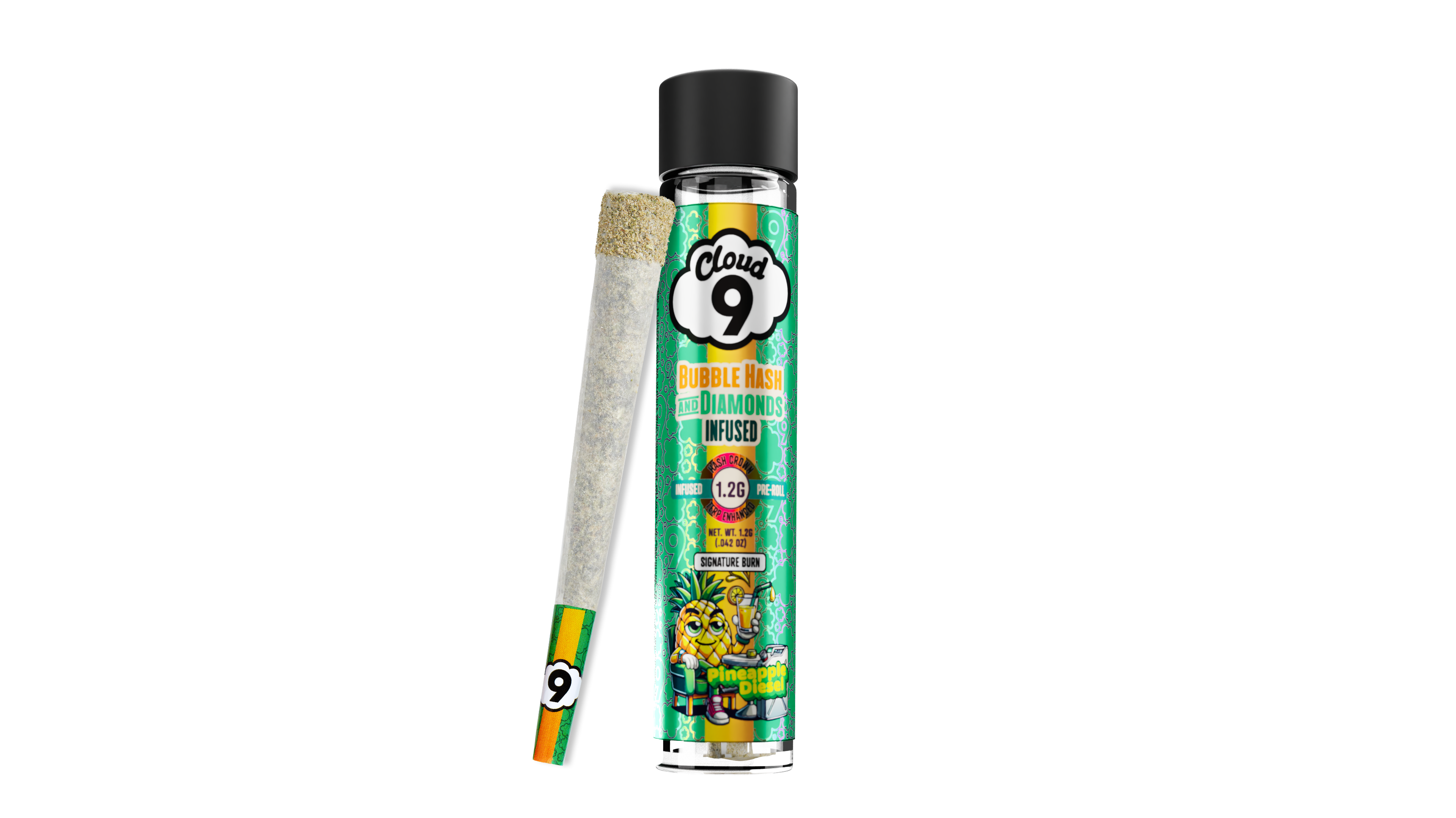 Photograph of product: Cloud 9 - Pineapple Diesel Bubble au chocolat and Diamond Infused Pre-Roll 1.2g