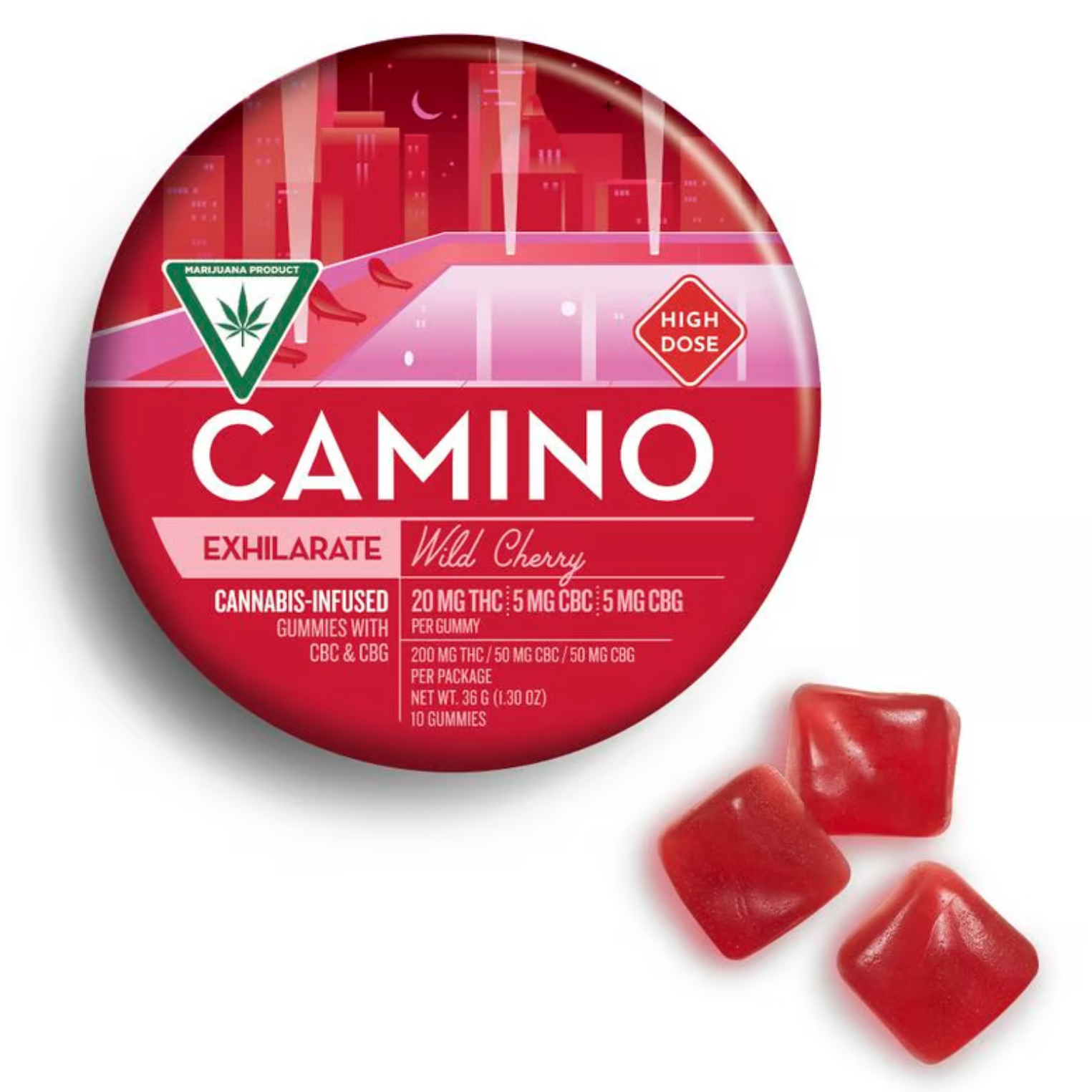 Photograph of product: Camino Wild Cherry Exhilarate 2:1:1 200mg THC/50mg CBG/50mg CBC Gummies Rec