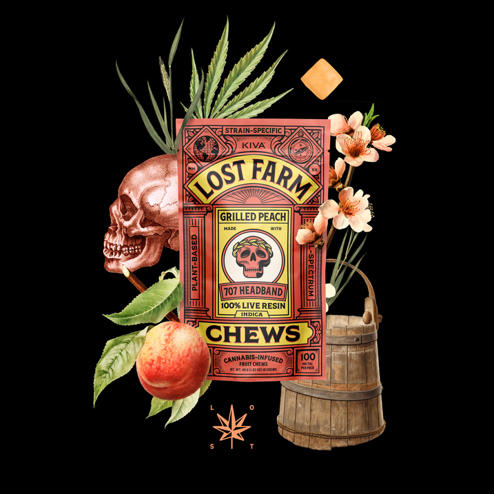 Photograph of product: Kiva Lost Farm Grilled Peach (I) Live Resin Fruit Chew 10mg 10pk