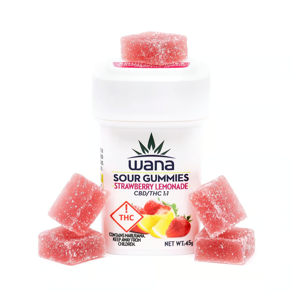 Photograph of product: WANA Gummies 100mg: Strawberry Lemonade 1:1 THC:CBD 10pc