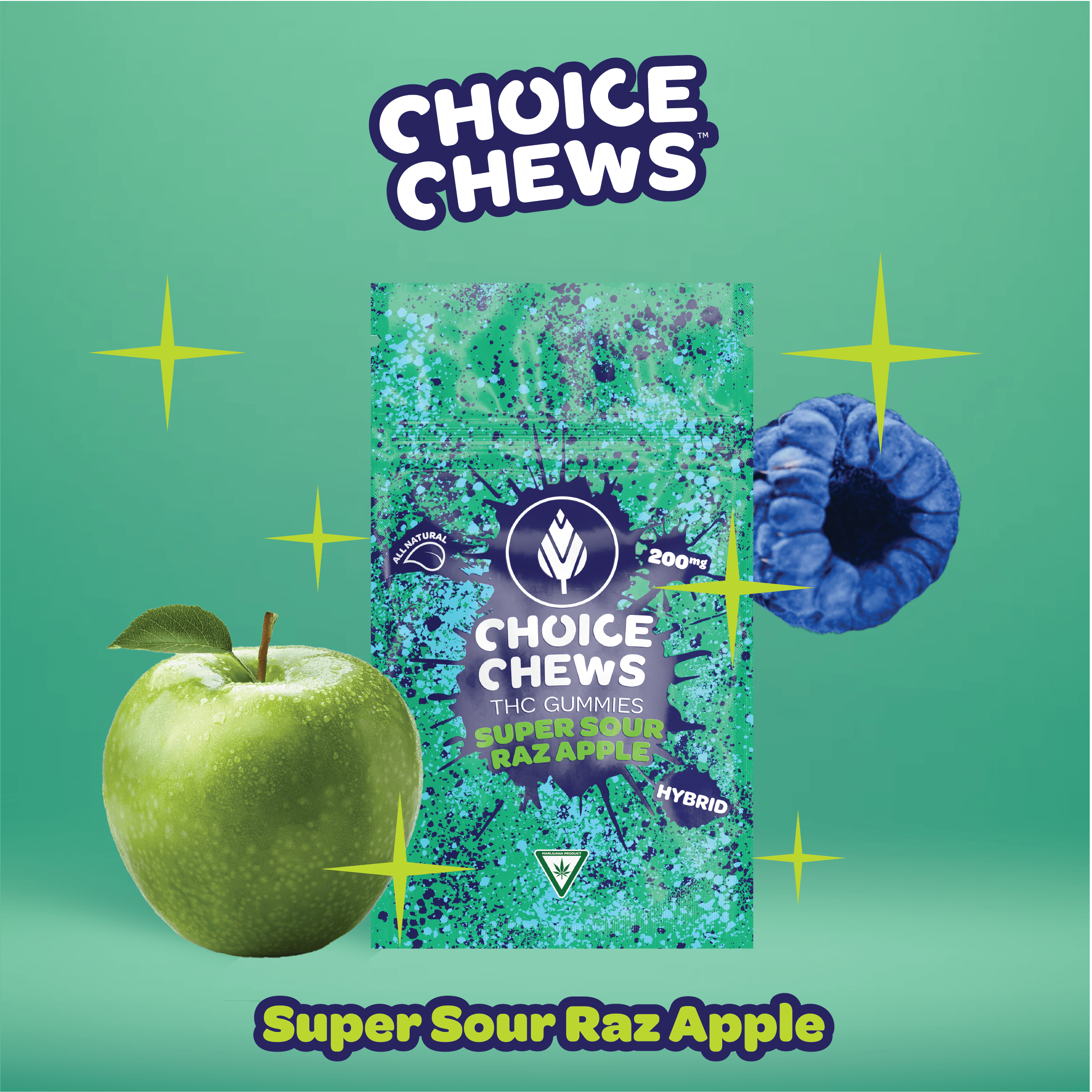 Photograph of product: CHOICE | Edible | Gummies | Super Sour Razz Apple | 200mg