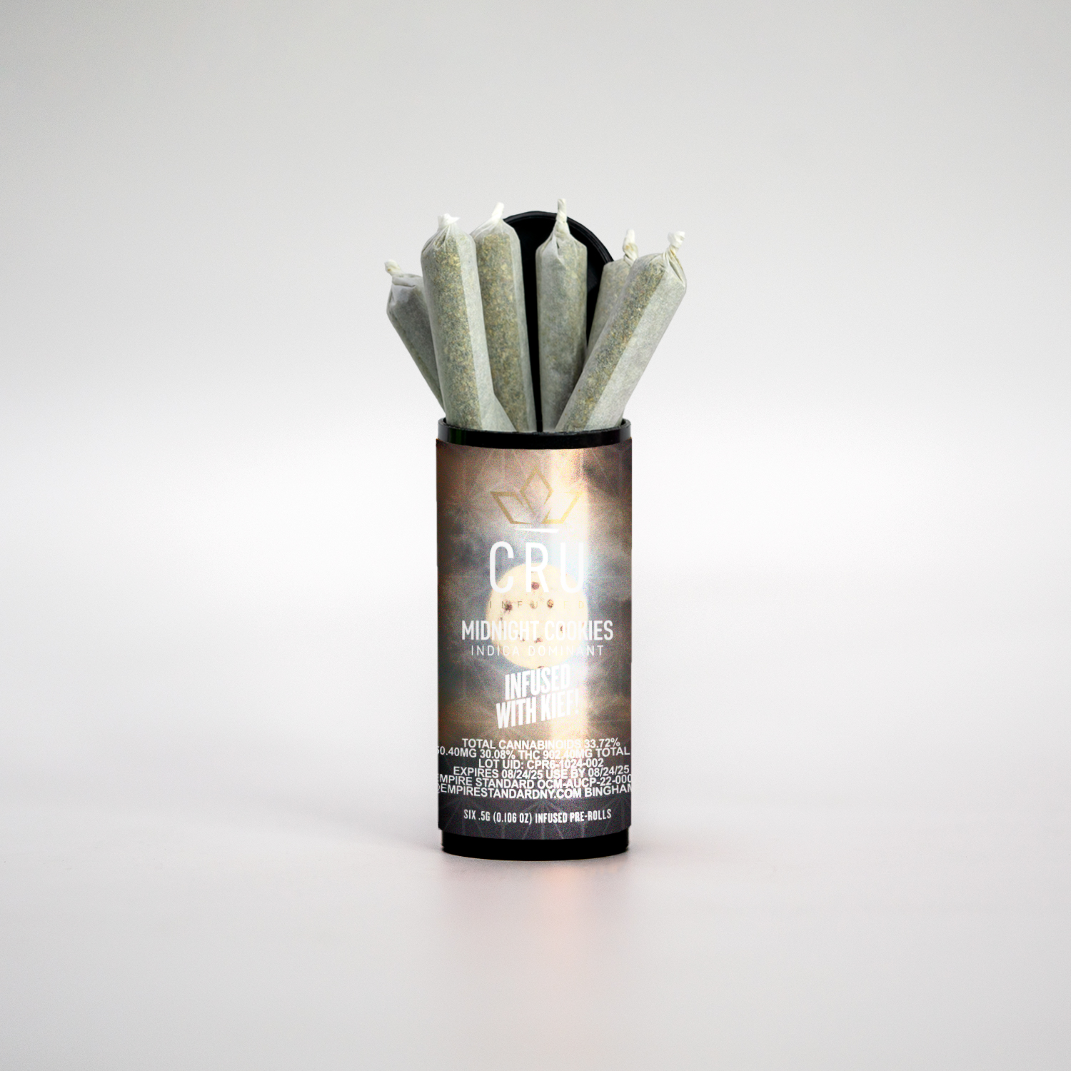 Photograph of product: Cru 0.5G Infused Pre-Roll Midnight Cookies 6 Pack Oui'd 33.72%TH-oui