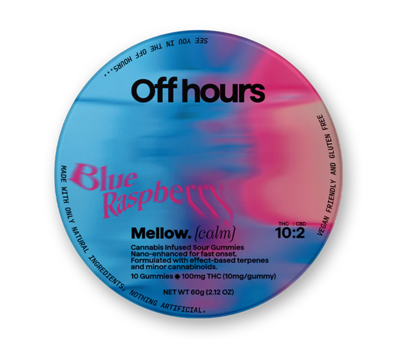 Photograph of product: Off Hours | Mellow | Blue Raspberry | Gummies | 10:2 TH-oui CBD | 100mg