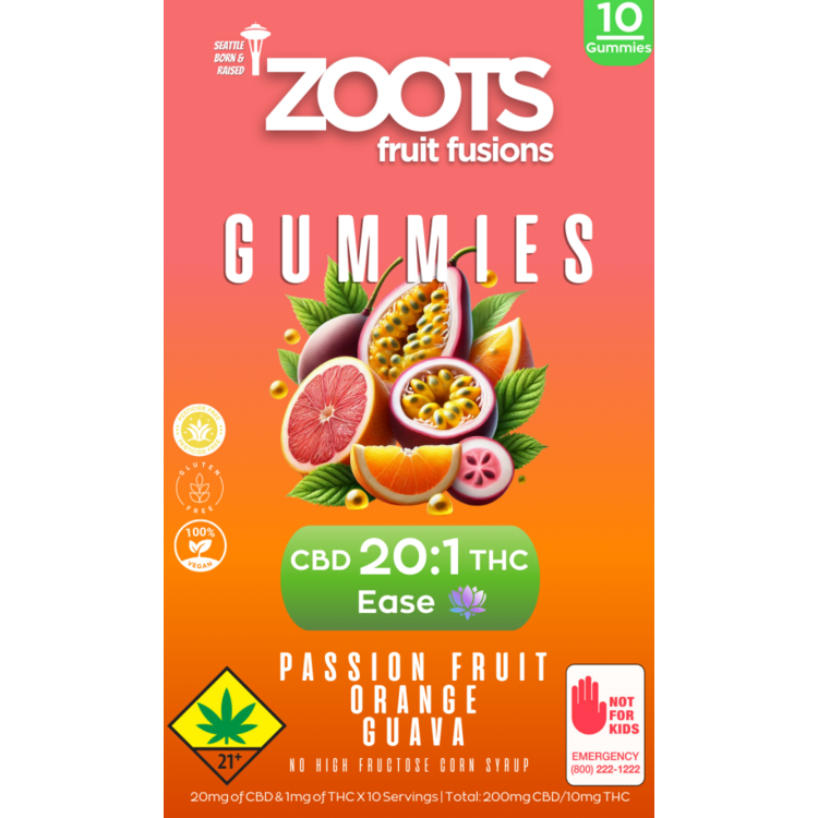 Photograph of product: Zoots - Ease - CBD 20:1 Passion Fruit Orange Guava Gummies 10pk