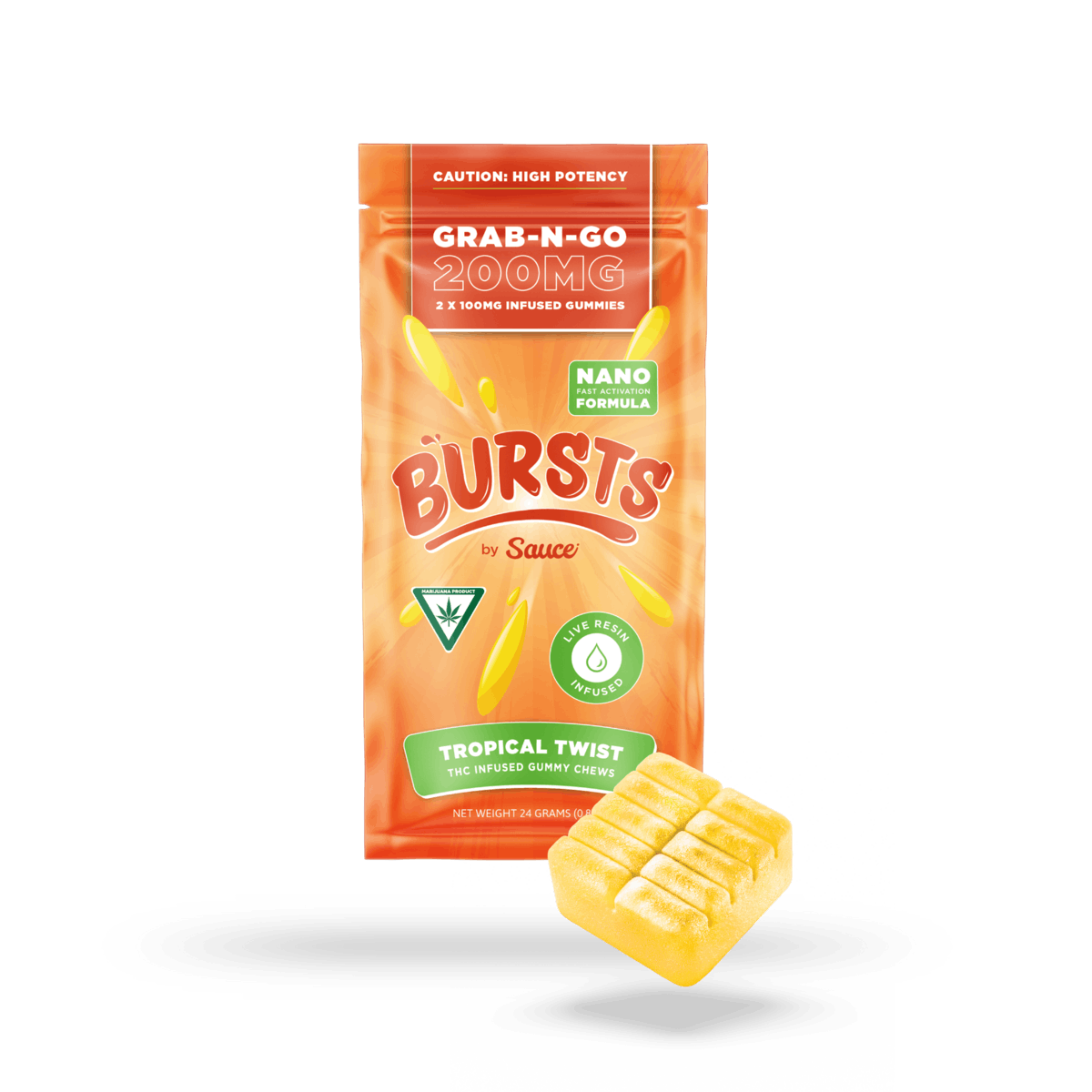 Photograph of product: SAUCE | TROPICAL TWIST BURSTS | 200mg GUMMIES